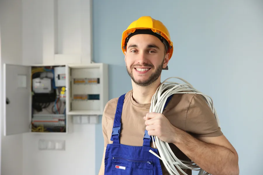 Smiling electrician in a hard hat carrying a coil of wire